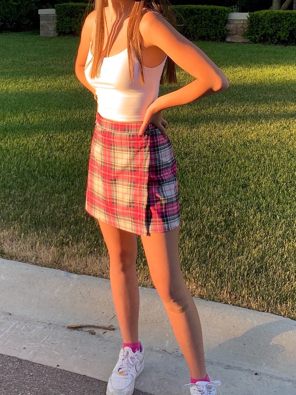 Brandy Melville Pink and Black Plaid Mini Skirt with Side Buckle